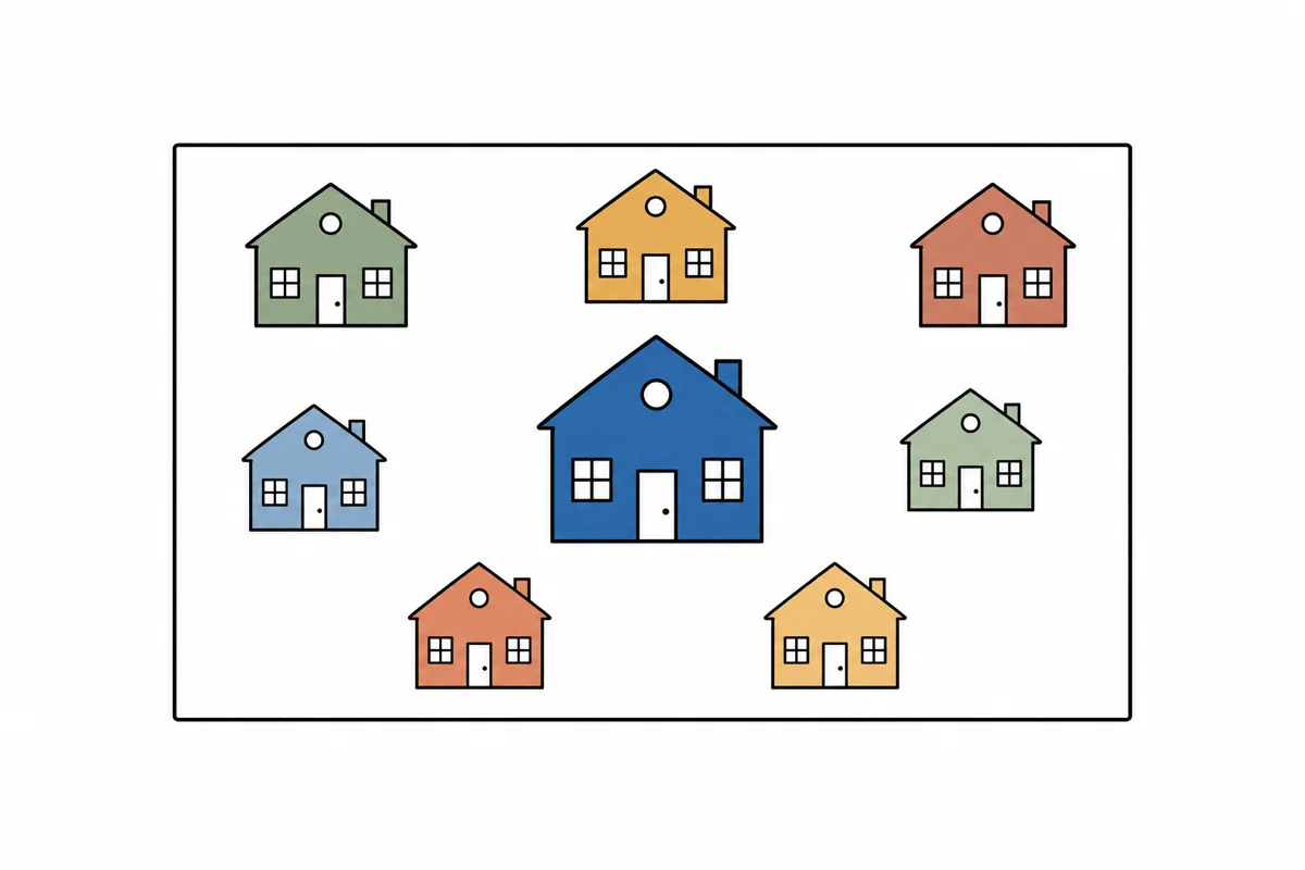 Several house outlines inside one drawn property boundary with a single house filled in — the Cloud Adoption Framework sets the estate-wide boundary while the Well-Architected Framework focuses on one workload inside it.