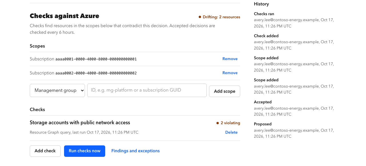 A decision's checks against Azure: two subscription scopes, one Resource Graph check, and two violating resources, with the decision history alongside.